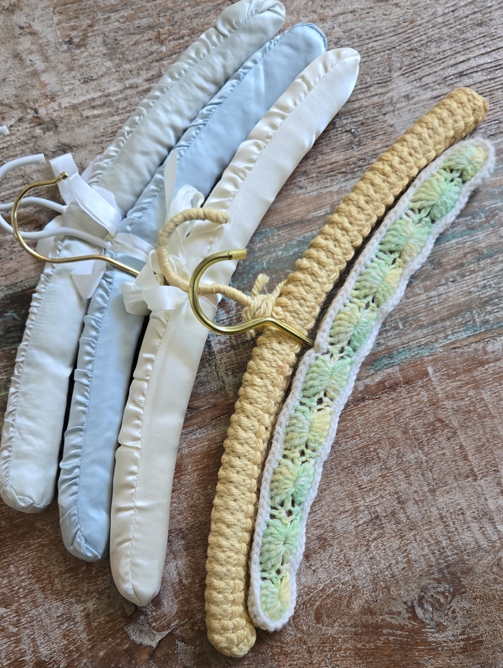 Vintage Mixed Closet Hanger Lot - Silk Padded & Hand Crochet Set of 5 (BIN 011)